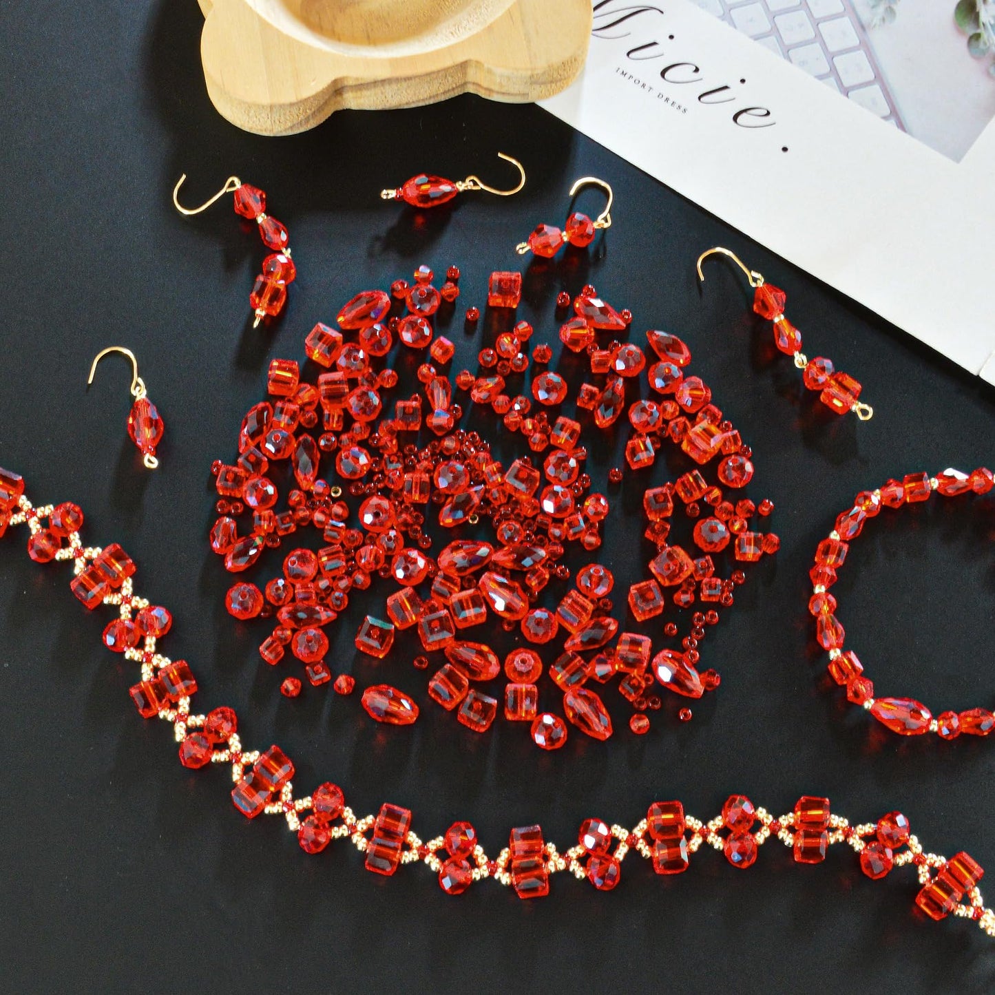 Laopottbeads 1500 Pcs Crystal Glass Beads for Jewelry Making – 12 Styles Bicone, Rondelle, Cube, Teardrop & 3mm Spacer Beads, DIY Bracelet Necklace Earring Craft Kit with Organizer Box(Red)