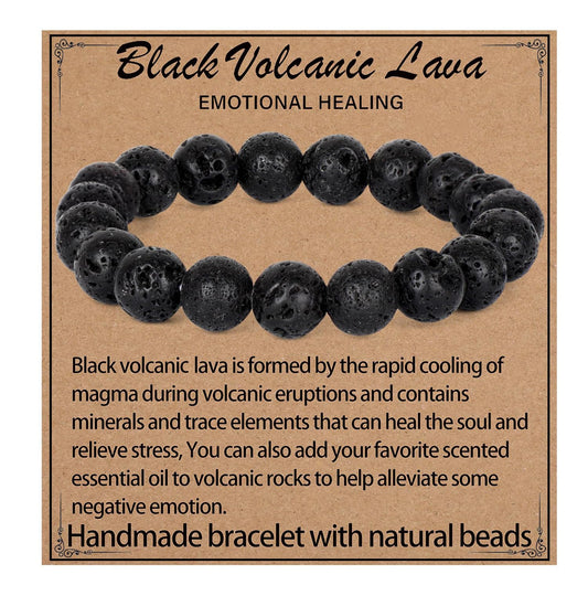 LPBeads Handmade Natural Gemstone Stretch Elastic 10mm Black Lava Bracelet Healing Crystal Round Stone Beads Jewelry Gifts for Women Men