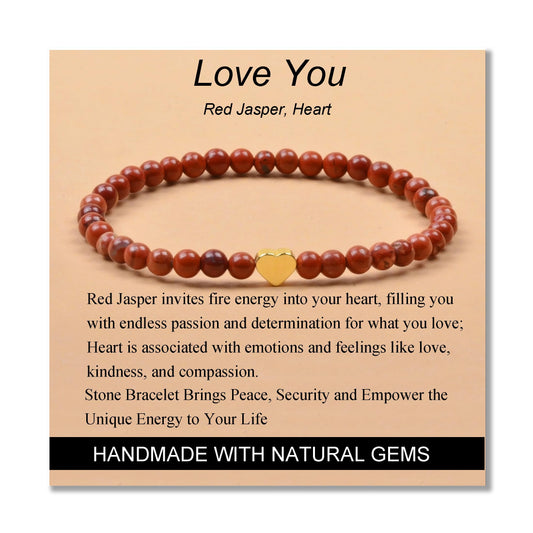 MASSIVE BEADS Red Jasper and Heart - Love You Handmade Handmade Yoga Stretch Elastic Bracelet Natural Stone Crystal Healing Power Energy Gifts for Unisex Adult 4mm