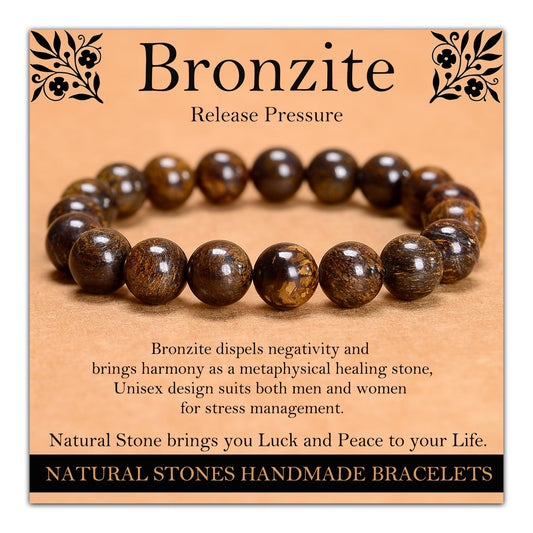 Handmade Natural Gemstone Elastic Bracelet - Healing Crystal Beads Jewelry, Unisex (Bronzite, 8mm)