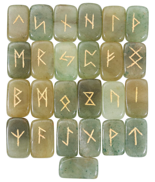 Crocon Green Jade Rectangle Shape Gemstone Runes with Elder Futhark Alphabet Engraved 25 pcs Rune Set Crystal Divination Metaphysical Healing Chakra Reiki Runes Set with a Pouch Size : 20-25mm