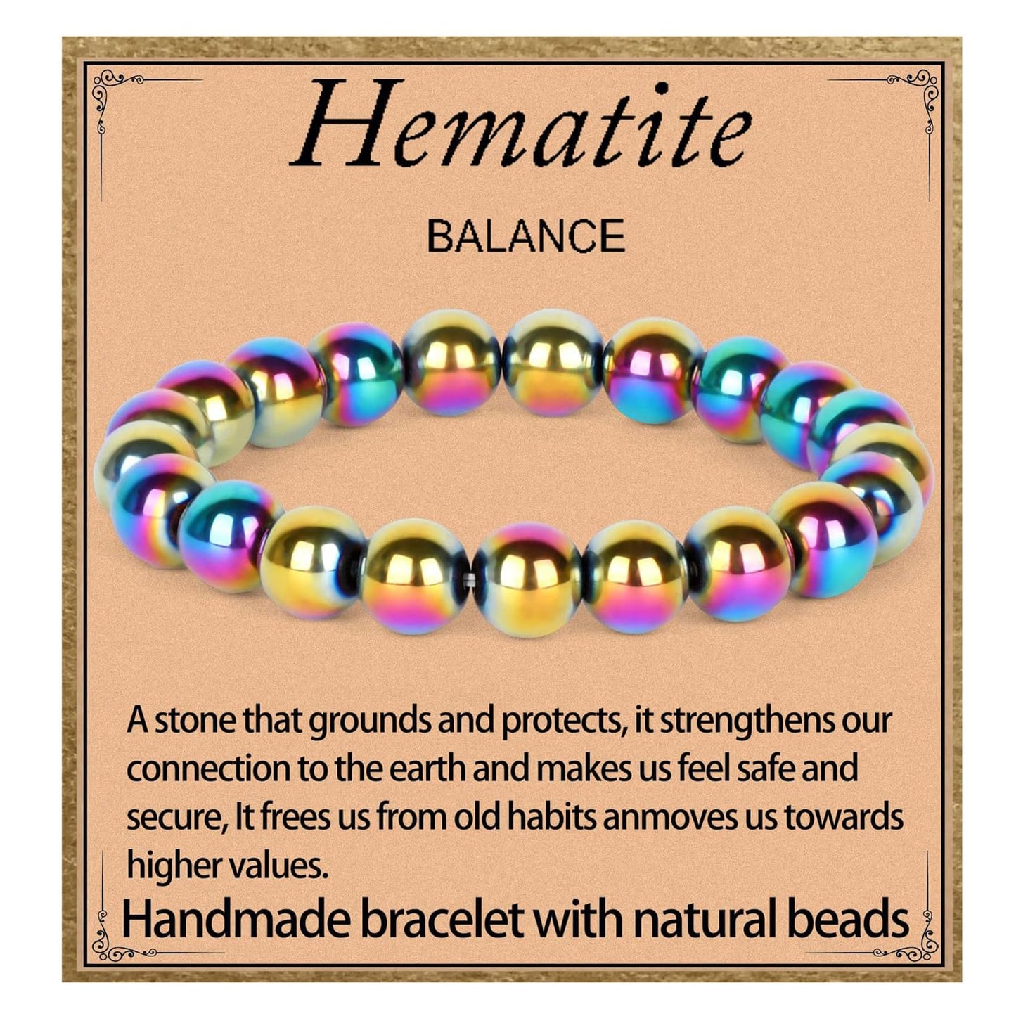 LPBeads Handmade Natural Gemstone Stretch Elastic 10mmm Rainbow Coated Hematite Bracelet Healing Crystal Round Stone Beads Jewelry Gifts for Women Men