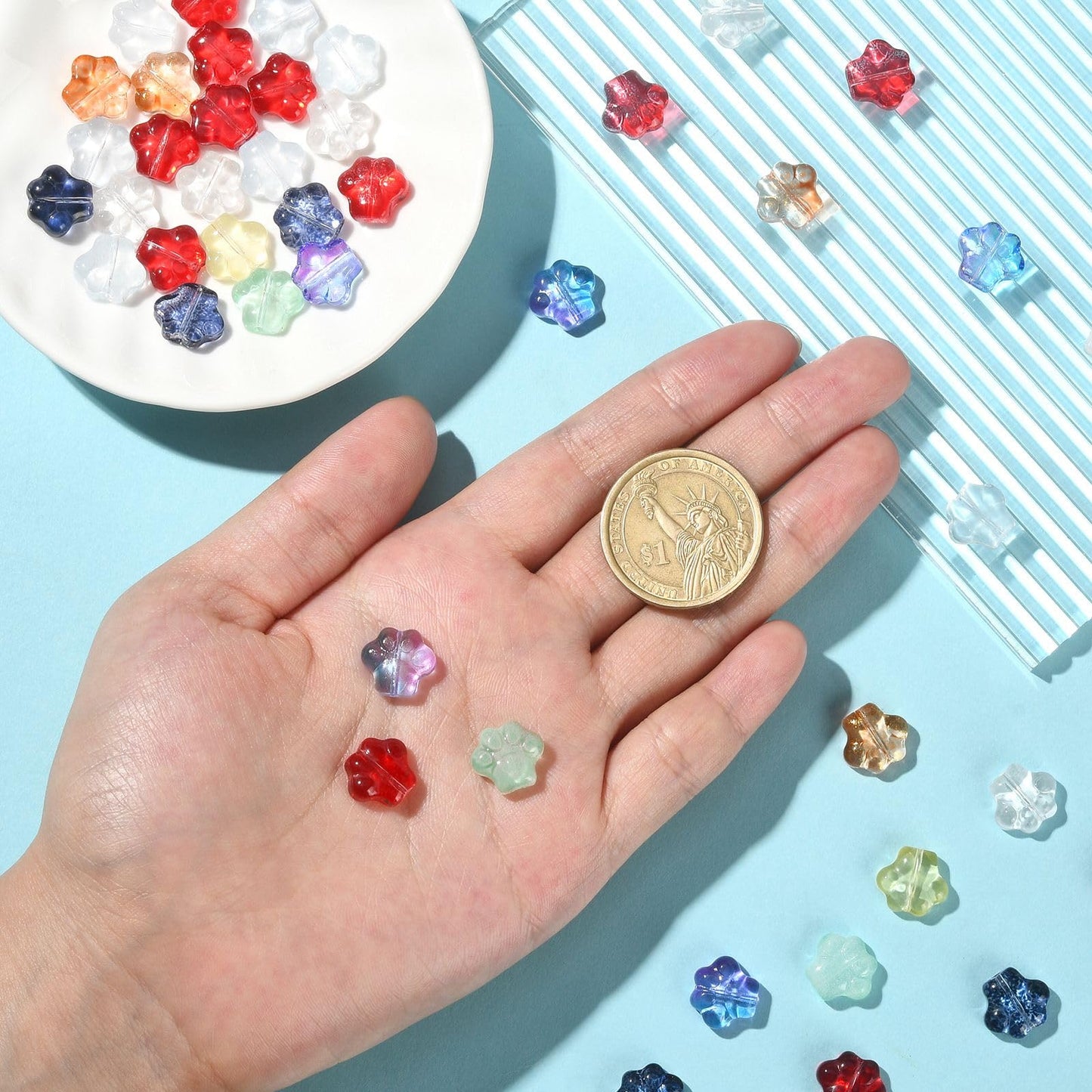 LiQunSweet 100 Pcs 10 Styles Crystal Glass Beads Lotus Crown Butterfly Dog Footprint Rabbit Elephant Crab Flower Star Beads for Jewelry Making
