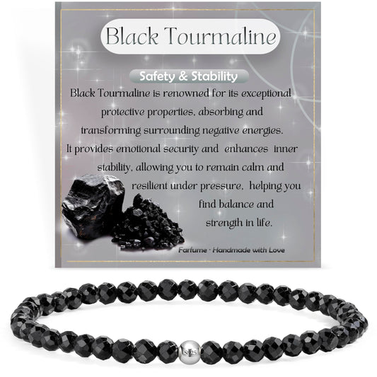Farfume Black Tourmaline - Safety & Stability - Beaded Bracelets for Women,Handmade Natural Stone 4mm Beads 925 Sterling Silver Stretch Bracelets, Chakra Crystal Gemstone Jewelry Gifts for Mom