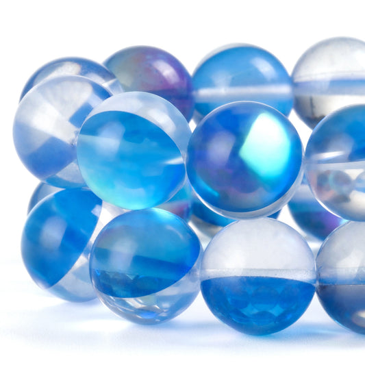 RUBYCA Round Moonstone Crystal Glass Beads Aura Iridescent for Jewelry Making (1 Strand, 8mm, Blue)