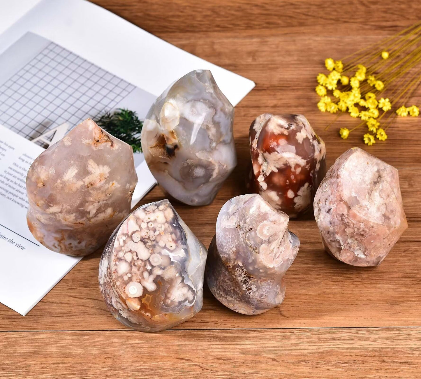 AMOYSTONE Cherry Blossom Agate Flame Shaped Stone Towers Obelisk Flower Agate Natural Healing Crystal Quartz Reiki Energy Decoration Home Office Small 1.0LBS