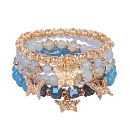 LOTSOF Boho Flower Beaded Bracelet Set for Women - Multilayer Crystal & Flower Charm Stackable Bracelets, Fashion Jewelry Gift for Her (Blue Butterfly)