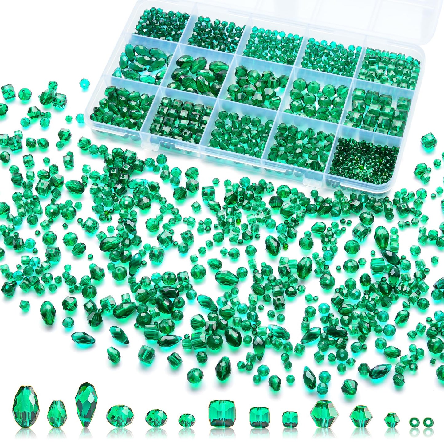 Laopottbeads 1500 Pcs Crystal Glass Beads for Jewelry Making – 12 Styles Bicone, Rondelle, Cube, Teardrop & 3mm Spacer Beads, DIY Bracelet Necklace Earring Craft Kit(Malachite Green)