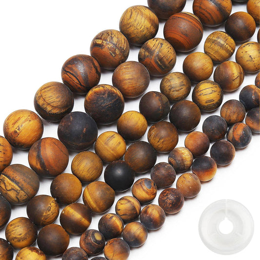 Natural Matte Classic Tiger Eye Beads, 8MM Round Frosted Unpolished Loose Gemstone Beads for Bracelet Necklace Jewelry Making, Energy Stone Healing Power with Stretch Beading Cord