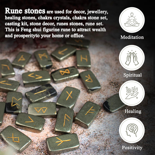 Crocon Golden Pyrite Rectangle Shape Gemstone Runes with Elder Futhark Alphabet Engraved 25 pcs Rune Set Crystal Divination Healing Chakra Reiki Runes Set with a Pouch Size : 20-25mm