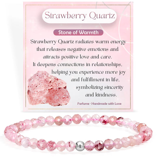 Farfume Strawberry Quartz - Warmth - Beaded Bracelets for Women,Handmade Natural Stone 4mm Beads 925 Sterling Silver Stretch Bracelets, Chakra Crystal Gemstone Jewelry Gifts for Mom