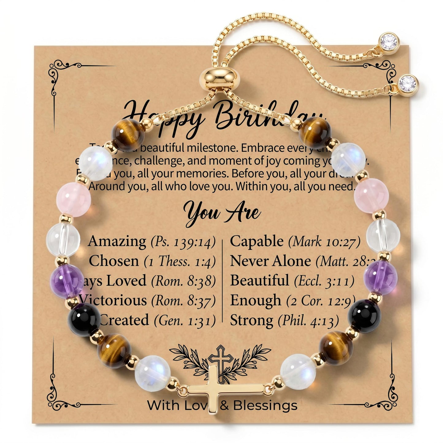 Aghfacy Christian Gifts for Women Birthday Cross Bracelet Natural Gemstone Crystal Bracelet Gold Cross Charm 60th Birthday Gifts for Women Adjustable with Message Card