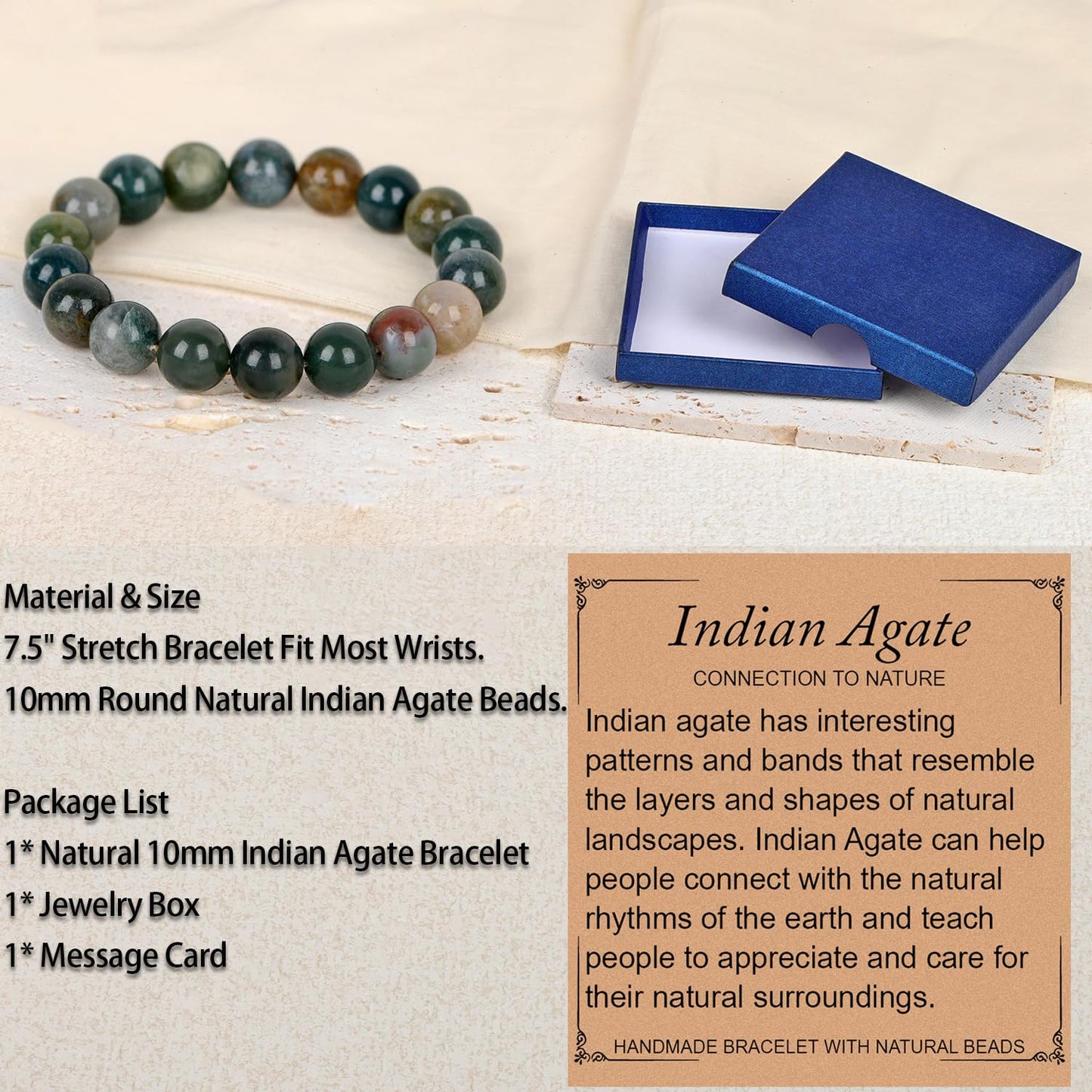 LPBeads Handmade Natural Gemstone Stretch Elastic 10mm Indian Agate Bracelet Healing Crystal Round Stone Beads Jewelry Gifts for Women Men