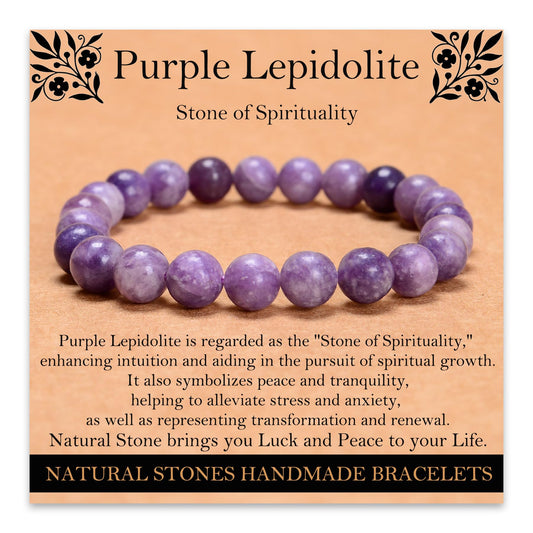 Handmade Natural Gemstone Elastic Bracelet - Healing Crystal Beads Jewelry, Unisex (Purple Lepidolite, 8mm)