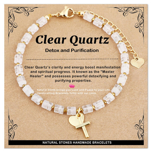 Natural Gemstone Healing Crystal Clear Crystal Dainty Charms Heart and Cross Bracelet Adjustable Chain Extender Minimalist Jewelry