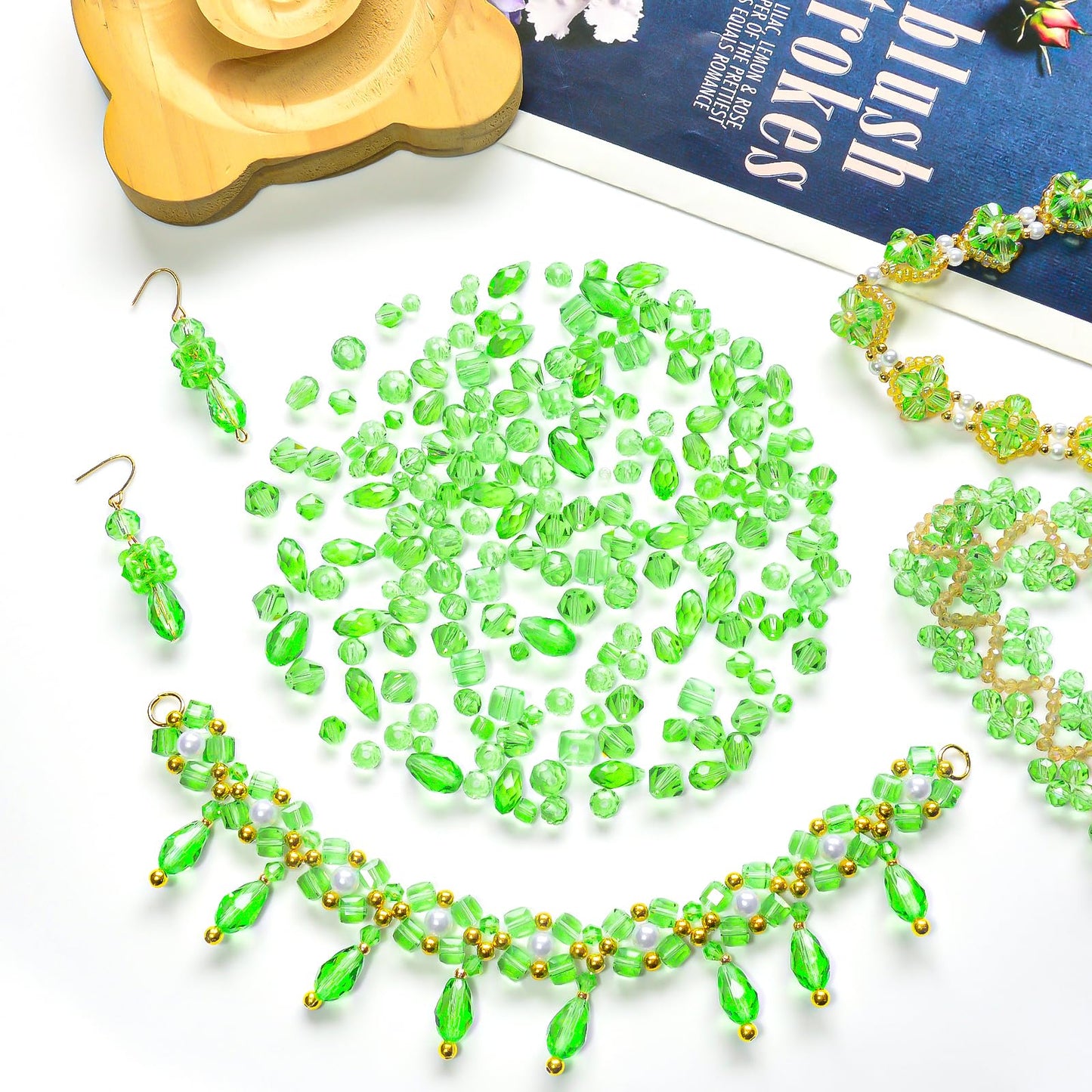 Laopottbeads 1500 Pcs Crystal Glass Beads for Jewelry Making – 12 Styles Bicone, Rondelle, Cube, Teardrop & 3mm Spacer Beads, DIY Bracelet Necklace Earring Craft Kit with Organizer Box(Green)