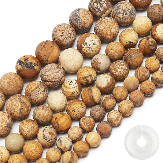 Natural Matte Picture Jasper Beads, 6MM Round Frosted Unpolished Loose Gemstone Beads for Bracelet Necklace Jewelry Making, Energy Stone Healing Power with Stretch Beading Cord
