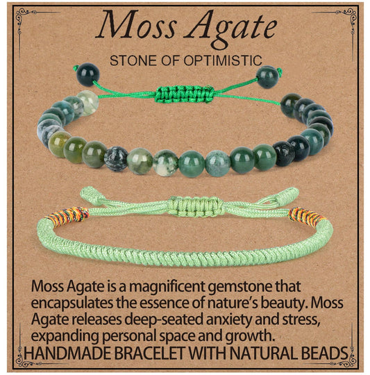 LPBeads 6mm Moss Agate Bracelet with Handmade Rope Bracelet Size Adjustable Natural Stone Crystal Healing Bracelets Gifts for Unisex Adults