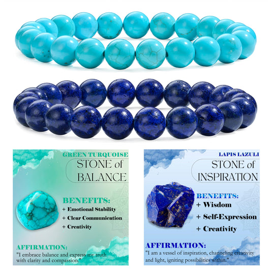 Bivei 2-Piece 8mm Beaded Bracelets for Women – Green Turquoise, Lapis Lazuli – Handmade Natural Crystal Stretch Elastic Jewelry for Meditation, Yoga, Protection Gifts