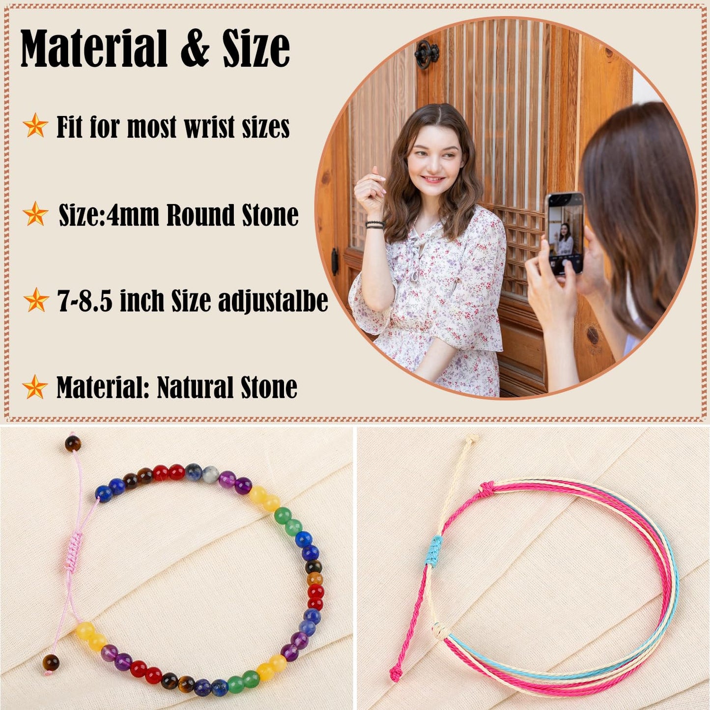 LPBeads 4mm Chakra Bracelet with Handmade Rope Bracelet Size Adjustable Natural Stone Crystal Healing Bracelets Gifts for Unisex Adults