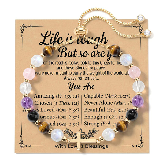 Aghfacy Encouragement Gifts for Women Cross Bracelet Natural Gemstone Crystal Bracelet Gold Cross Charm Christian Encouragement Gift Inspirational Gifts for Women Adjustable with Message Card