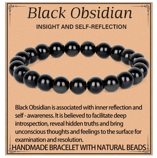 LPBeads Handmade Natural Gemstone Stretch Elastic 8m Black Obsidian Bracelet Healing Crystal Round Stone Beads Jewelry Gifts for Women Men