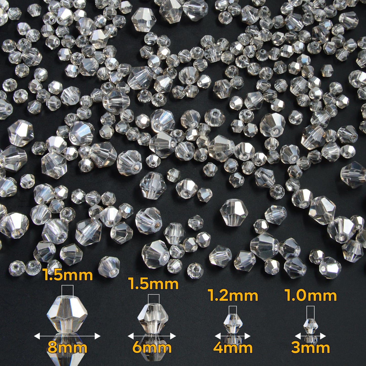 1550PCS Bicone Crystal Glass Beads Set for Jewelry Making, 3mm 4mm 6mm 8mm Sparkling Faceted Beads Sorted by Size for Bracelets, Necklaces, Suncatchers & DIY Crafts(Grey)