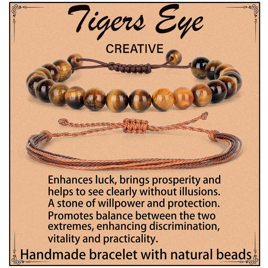 LPBeads 8mm Yellow Tiger's Eye Bracelet with Handmade Rope Bracelet Size Adjustable Natural Stone Crystal Healing Bracelets Gifts for Unisex Adults