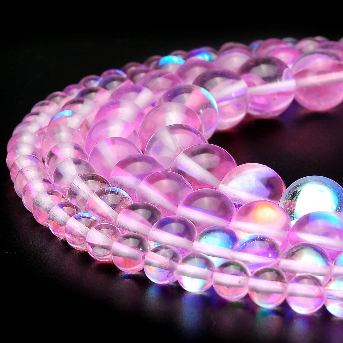 RUBYCA Round Moonstone Crystal Glass Beads Aura Iridescent for Jewelry Making (1 Strand, 8mm, Pink)
