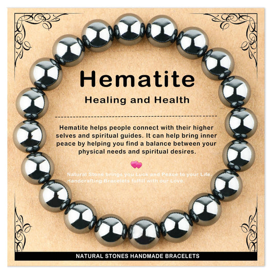 AD Beads 10mm Handmade Hematite Elastic Bracelet – Natural Gemstone for Healing and Health – Meditation, Yoga, Healing and Energy Gift for Men Women