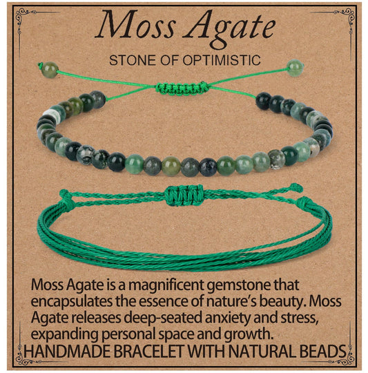 LPBeads 4mm Moss Agate Bracelet with Handmade Rope Bracelet Size Adjustable Natural Stone Crystal Healing Bracelets Gifts for Unisex Adults