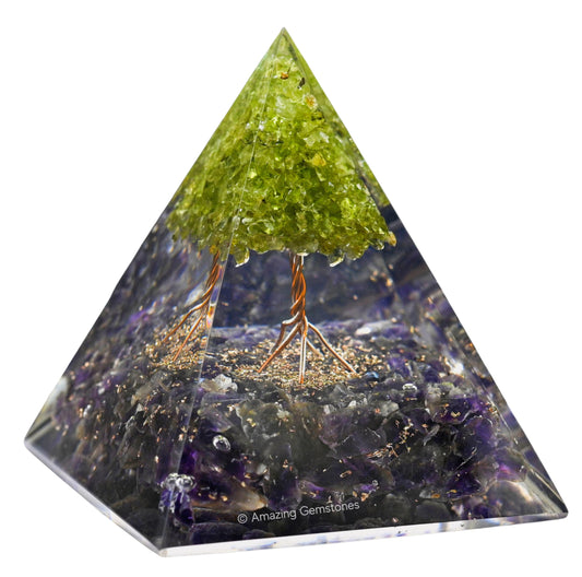 Amazing Gemstone Organite Orgone Pyramid Extra Large 105 MM - Orgone Energy Pyramid with Amethyst Crystals, Peridot Tree and Healing Stone - Orgonite Pyramids Crystals and Positive Energy
