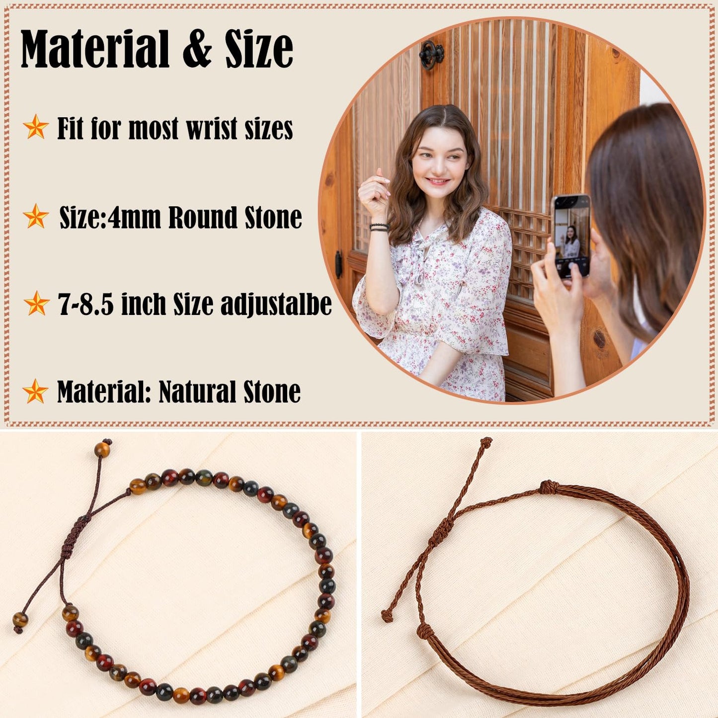LPBeads 4mm Multicolor Tiger's Eye Bracelet with Handmade Rope Bracelet Size Adjustable Natural Stone Crystal Healing Bracelets Gifts for Unisex Adults