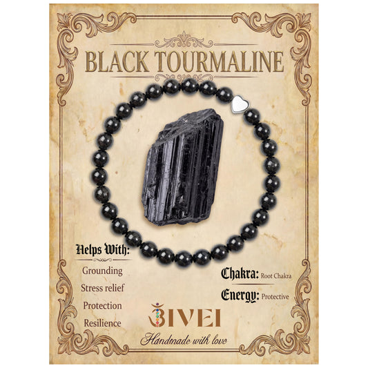 Bivei 6mm Black Tourmaline Crystal Stretch Bracelets for Women, Handmade Natural Stone Beaded Bracelet, Yoga Protection Jewelry Gift