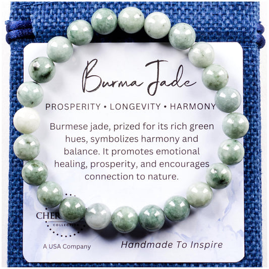 Cherry Tree Collection Burma Jade Bracelet – Handmade 8mm Natural Jadeite Beaded Stretch Bracelet for Men & Women – Healing, Protection & Positive Energy – Unisex Jewelry, Gift-Ready - (Small)