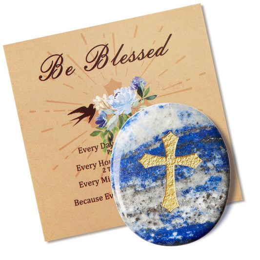 LAIDANLA Lapis Lazuli Cross Engraved Healing Crystal Worry Stones for Pray Faith Anxiety Relief Oval Palm Stone Polished Natural Crystal Gifts