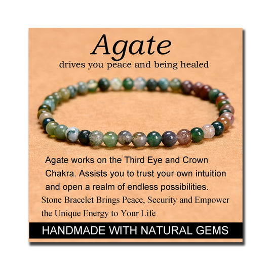 MASSIVE BEADS Indian Agate - Stone of Peaceful - Handmade Yoga Stretch Elastic Bracelet Natural Stone Crystal Healing Power Energy Gifts for Unisex Adult 4mm
