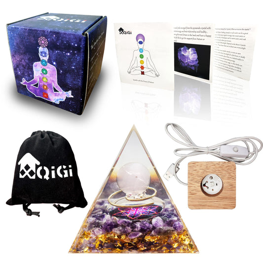 XQIGI Orgone Pyramid Crystal with Light Base, Orgonite Healing Meditation Reiki Stones Protection Amethyst with Copper for Anxiety Balance Anti-Stress Calmness Love (Moon)