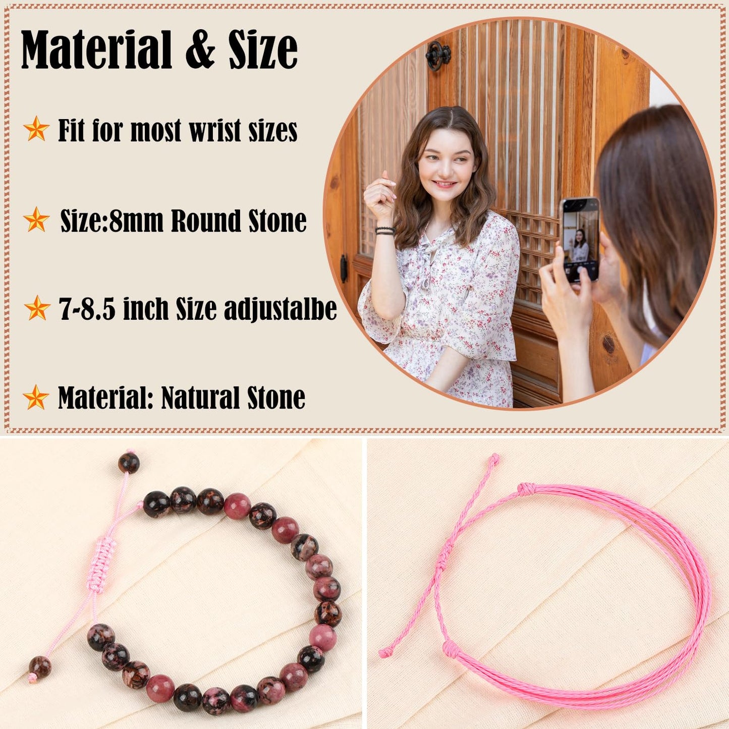 LPBeads 8mm Pink Black Rhodonite Bracelet with Handmade Rope Bracelet Size Adjustable Natural Stone Crystal Healing Bracelets Gifts for Unisex Adults