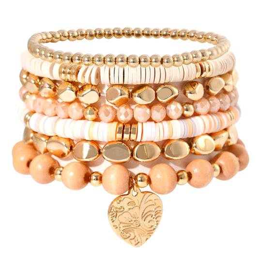 GOOJIDS Surfer Heishi Clay Bead Bracelets for Women Bohemian Stackable Gold Plated Beaded Stretch Bracelets Elastic Layering Friendship Bracelets Set Boho Jewelry