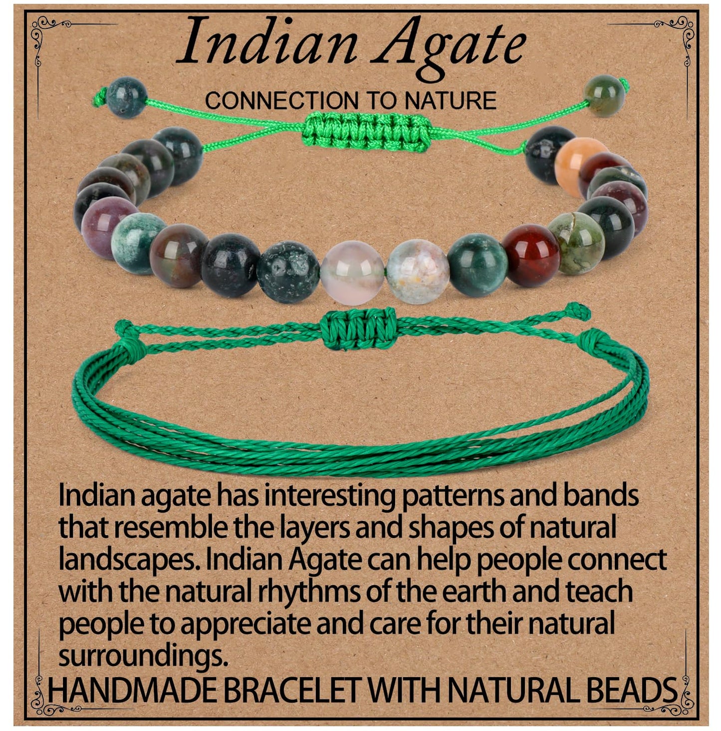 LPBeads 8mm Indian Agate Bracelet with Handmade Rope Bracelet Size Adjustable Natural Stone Crystal Healing Bracelets Gifts for Unisex Adults