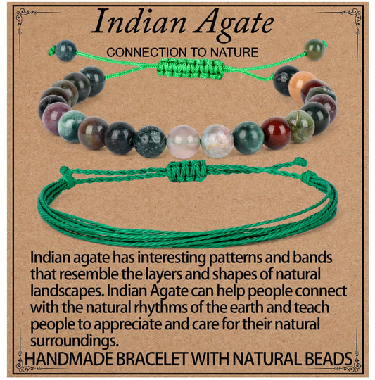 LPBeads 8mm Indian Agate Bracelet with Handmade Rope Bracelet Size Adjustable Natural Stone Crystal Healing Bracelets Gifts for Unisex Adults