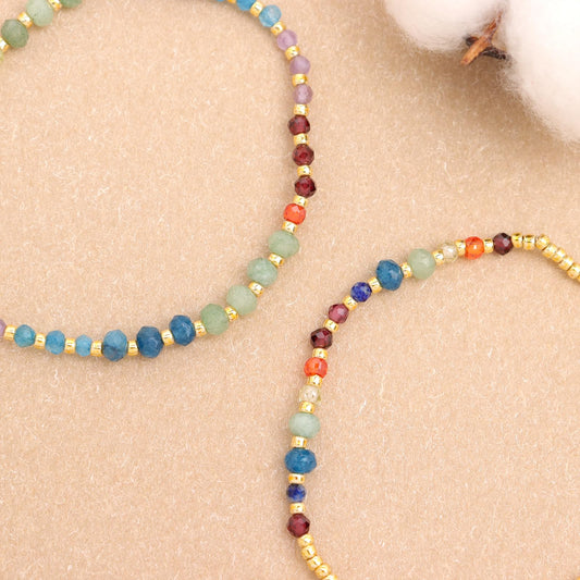 BXDA Gemstone Gold Beaded Stack Bracelets Set for Women, 2Pcs Colorful Boho Handmade Rainbow Chakra Natural Stone Stretch Stackable Bracelet Prom Holiday Jewelry Gift.