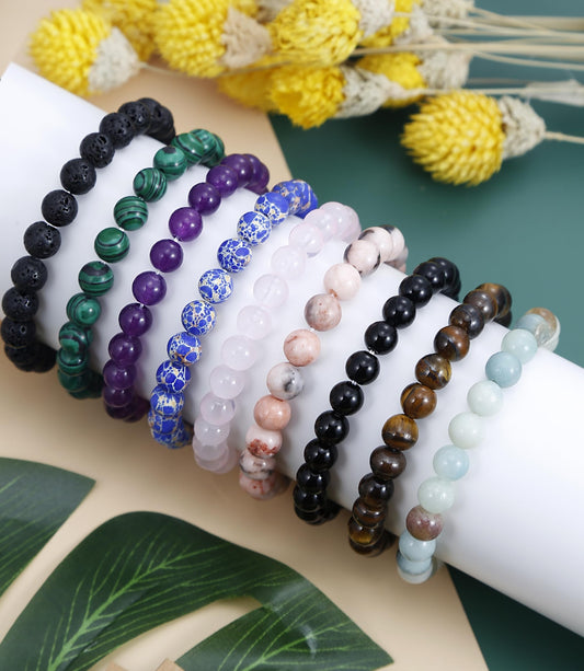 BOMAIL 9PCS Natural Crystal Bracelets for Women Men - 8mm Semi-Precious Gemstone Beaded Bracelets, Round Gemstones Stretch Bracelet, Yoga Bracelets Jewelry