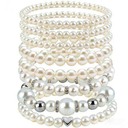 GIYAWA 8pcs Sliver Faux Pearl Bracelets for Women, Stackable Stretchy Bridal Jewelry Set, Elastic Layered Bracelets for Wedding Bridesmaid Party Prom Christmas
