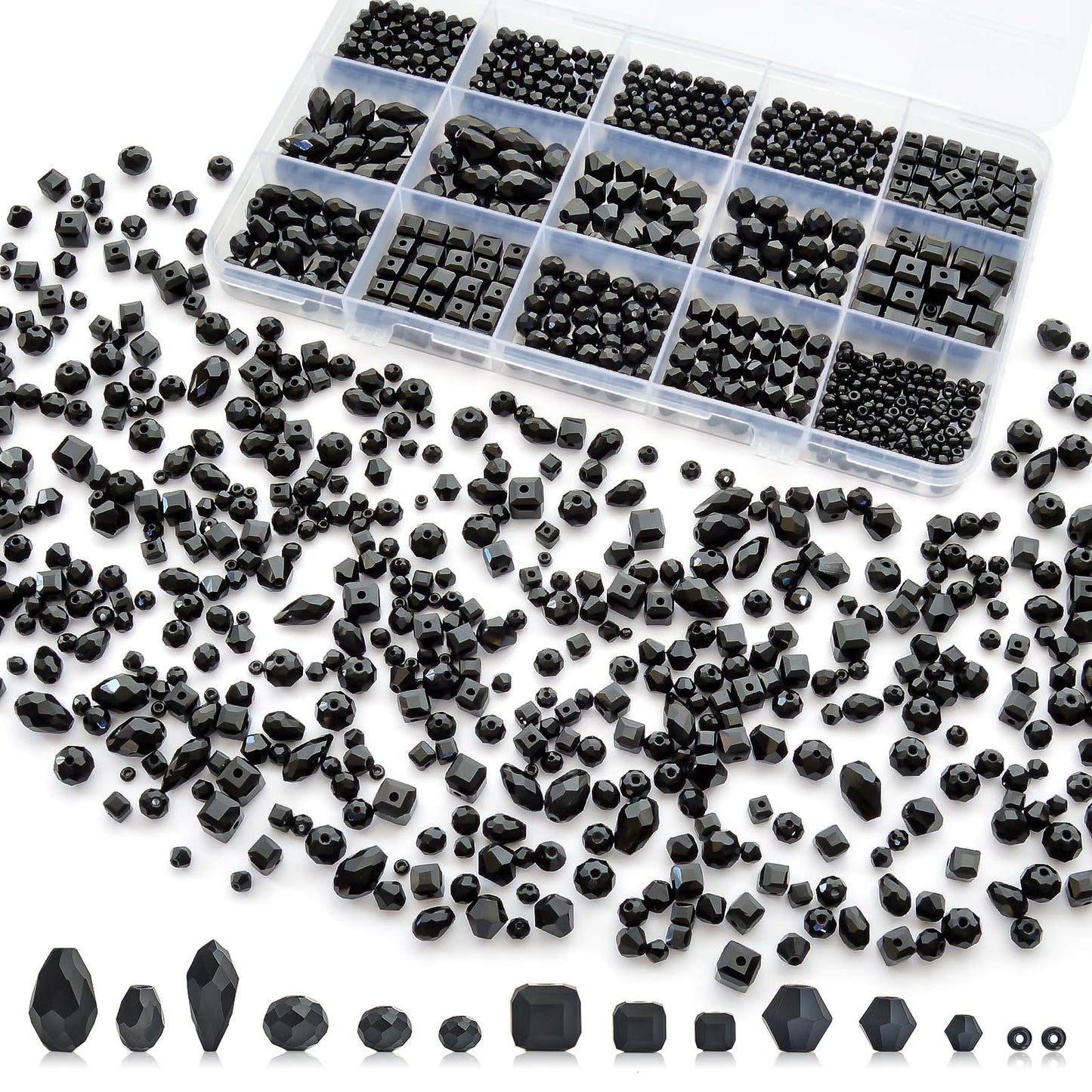 Laopottbeads 1500 Pcs Crystal Glass Beads for Jewelry Making – 12 Styles Bicone, Rondelle, Cube, Teardrop & 3mm Spacer Beads, DIY Bracelet Necklace Earring Craft Kit with Organizer Box(Black)