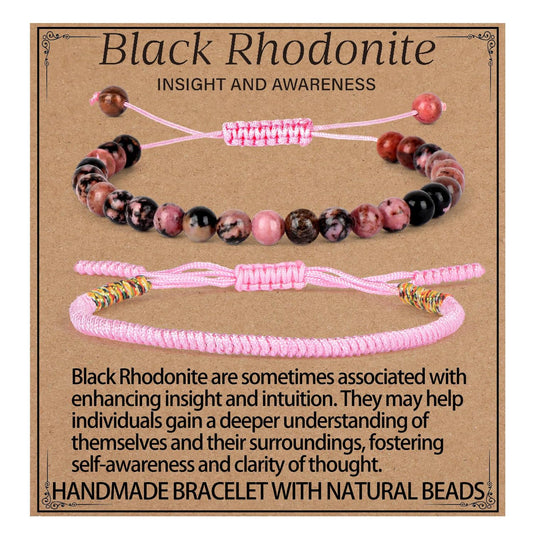 LPBeads 6mm Pink Black Rhodonite Bracelet with Handmade Rope Bracelet Size Adjustable Natural Stone Crystal Healing Bracelets Gifts for Unisex Adults
