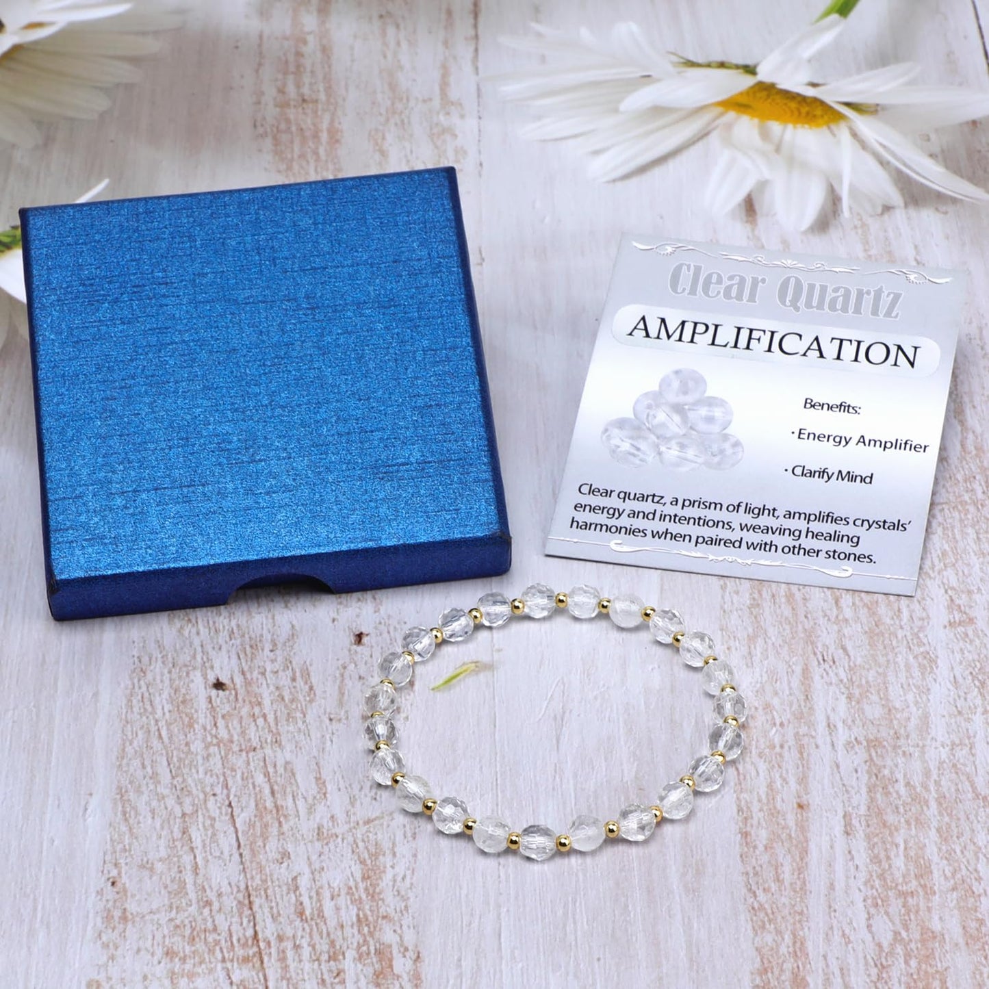 QOGIR Clear Quartz - Amplification - 14K Gold Plated Beads Natural Gemstone Stretch Elastic Dainty Healing Beaded Bracelets Gifts 6mm