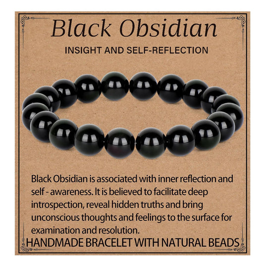 LPBeads Handmade Natural Gemstone Stretch Elastic 10mm Black Obsidian Bracelet Healing Crystal Round Stone Beads Jewelry Gifts for Women Men