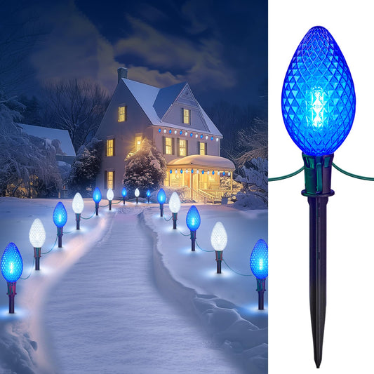 Minetom Christmas Pathway Lights - 2 Pack 13.5Ft C9 LED with 10 Stakes, Blue & Cool White, Waterproof, Model GY-C-50.6-U-B